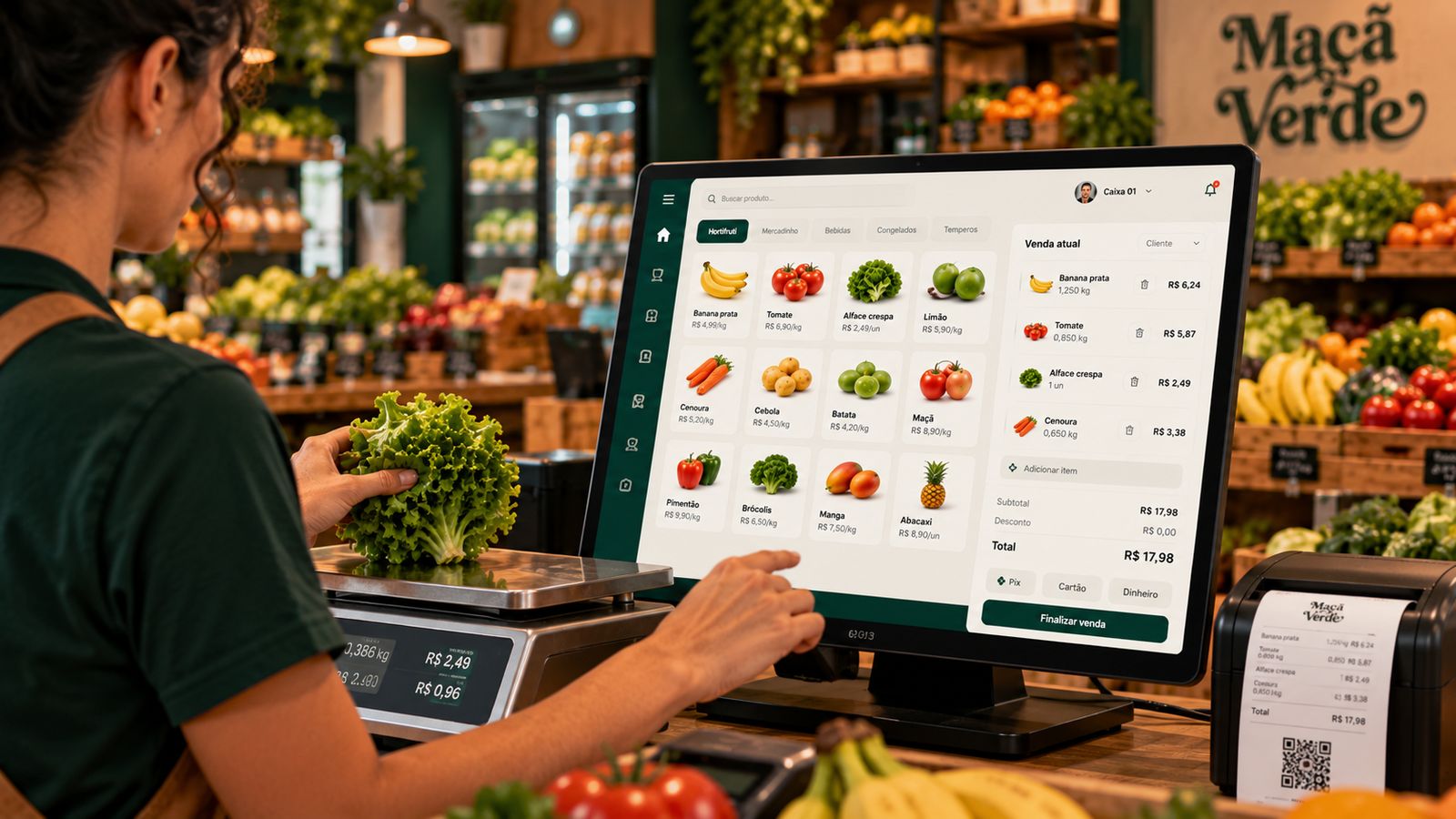Caixa com balança e produtos de hortifruti na tela